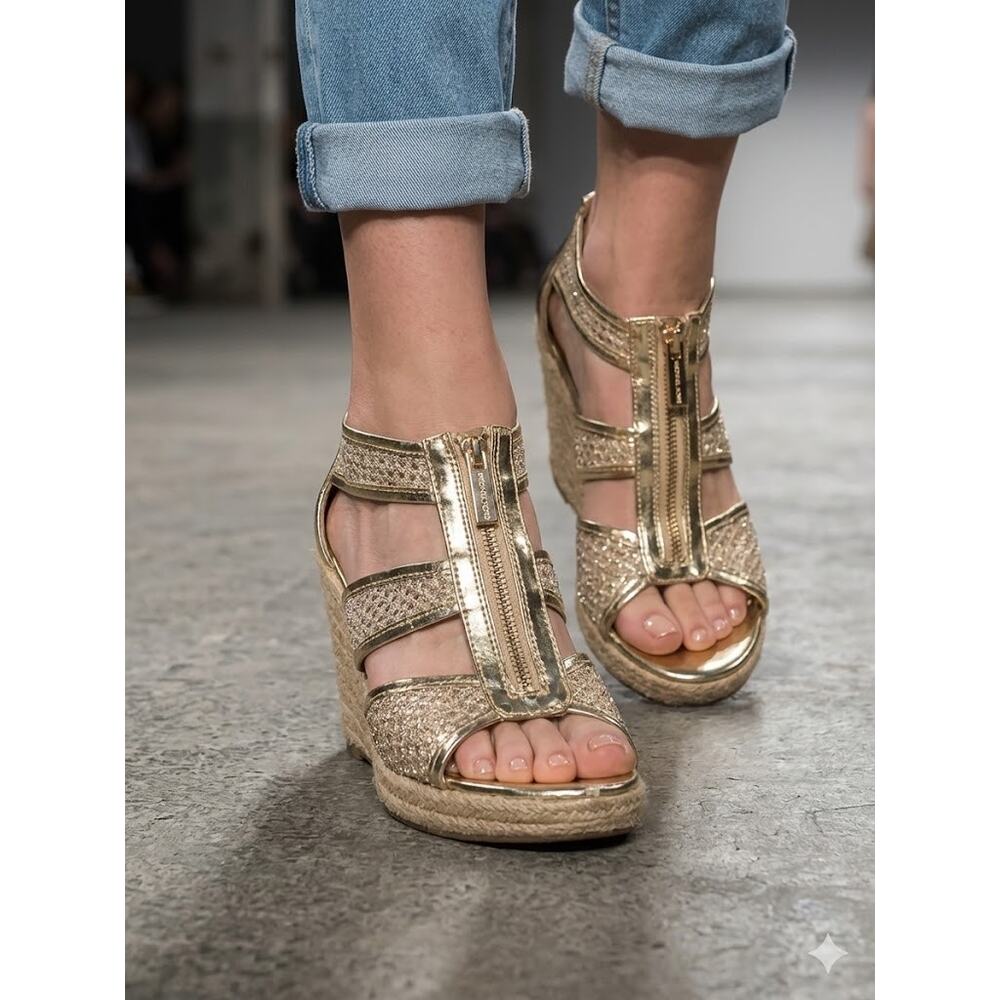Michael Kors Damita Wedge Gold Mesh Zip Front Espadrille Sandals Glam Boho